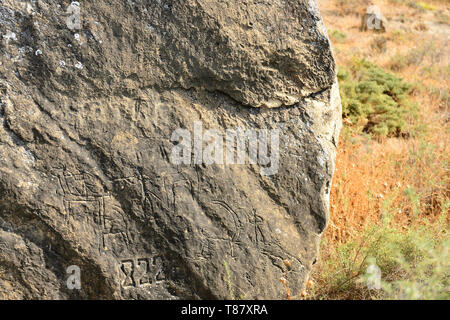 Pétroglyphes rupestres antiques à Gobustan Parc National près de Bakou, en Azerbaïdjan. Banque D'Images