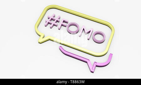 Fomo comme word ou texte 3D concept logo placé sur une surface blanche. Le rendu 3D - Ilustration. Fomo mot signifie la peur de manquer quelque chose. L'un des m Banque D'Images