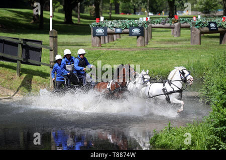 La société britannique Sara Howe participe à la Land Rover marathon au cours de conduite le Royal Windsor Horse Show à Windsor, Berkshire. Banque D'Images