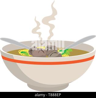 Soupe de nouilles chaudes avec des boulettes de viande dans un bol chinois et les cuillères sur fond blanc, vector illustration Illustration de Vecteur