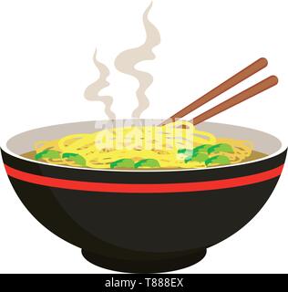 Soupe de nouilles chaudes avec des boulettes de viande dans un bol chinois et les cuillères sur fond blanc, vector illustration Illustration de Vecteur