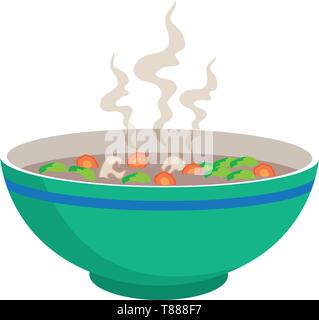 Soupe de nouilles chaudes avec des boulettes de viande dans un bol chinois et les cuillères sur fond blanc, vector illustration Illustration de Vecteur