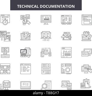 Icônes de ligne de documentation technique, signes, vector set, résumé du concept, illustration linéaire Illustration de Vecteur