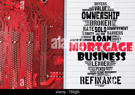 Nuage de mots hypothécaire sur fond rouge collage Banque D'Images