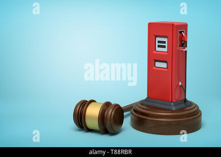 Le rendu 3D de la station de charge sur le bloc de bois rond et brown wooden gavel on blue background Banque D'Images