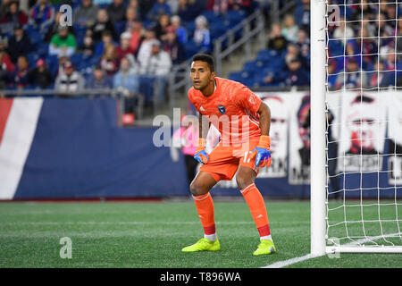 Foxborough dans le Massachusetts, aux États-Unis. Le 11 mai, 2019. San Jose Earthquakes gardien Daniel Vega (17) esprit le net au cours de la MLS match entre San Jose Earthquakes et le New England Revolution tenue au Stade Gillette à Foxborough dans le Massachusetts. Boston bat San Jose 3-1. Eric Canha/CSM/Alamy Live News Banque D'Images