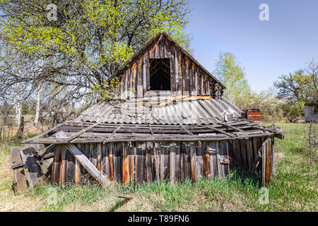 Petite maison abandonnée au Bélarus zone d'exclusion de Tchernobyl, a récemment ouvert pour le public d'avril 2019. Banque D'Images