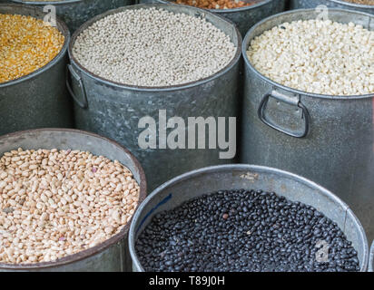 Récipients métalliques remplis de différents types de haricots secs Banque D'Images