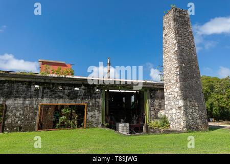 La France, la Guadeloupe, Marie-Galante, Capesterre de Marie Galante, Habitation Bellevue distillerie de rhum, et les ruines de l'avant-plan reste de la cheminée en pierre Banque D'Images