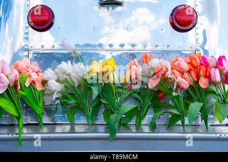 Vintage Voyage camping-remorque avec revêtement extérieur en aluminium et un bouclier de la porte arrière couvert de fleurs tulipes, illustrant l'époque hippie ou un style de vie. Banque D'Images