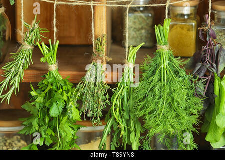 Herbes fraîches hanging on string contre l'étagère en bois Banque D'Images