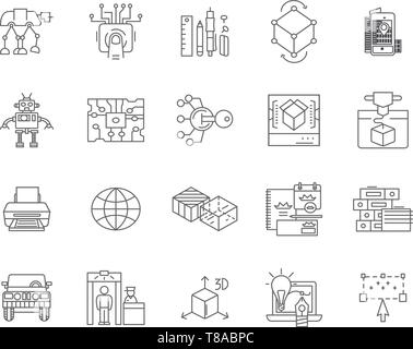 La ligne de l'industrie 3d icônes, signes, vector set, contours concept illustration Illustration de Vecteur