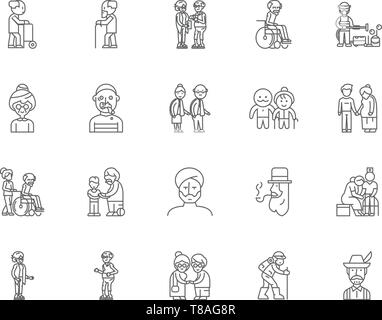 Les personnes âgées, les signes, les icônes de ligne vector set, contours concept illustration Illustration de Vecteur