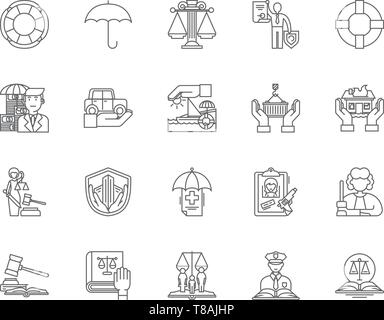 Marine et feu d'icônes de lignes d'assurance de dommages, signes, vector set, contours concept illustration Illustration de Vecteur