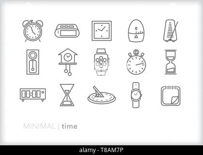 Ensemble de 15 temps et de ligne d'horloge et d'icônes pour dire l'heure ou le réglage d'une alarme Illustration de Vecteur