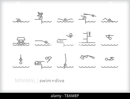 Ensemble de 15 icônes de ligne de natation et de plongée Illustration de Vecteur