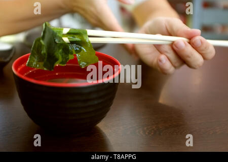 La soupe miso japonaise au tofu et aux algues . Banque D'Images
