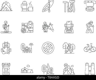 Icônes de ligne de randonnée, signes, vector set, contours concept illustration Illustration de Vecteur