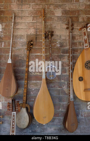 Une collection d'instruments de musique traditionnels à cordes d'Asie centrale, y compris les luths à long cou, à deux cordes avec des corps en forme de poire, identifiables comme Dutar ou Dotar, un instrument important dans les traditions musicales ouzbèkes, turkmènes, ouïghours et iraniennes. Banque D'Images