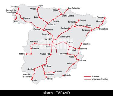 Carte des lignes de chemin de fer à grande vitesse en Espagne Illustration de Vecteur