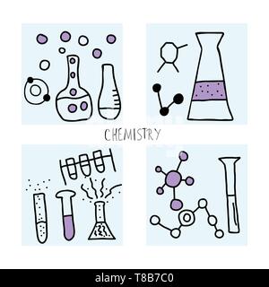 Les objets de la chimie dans doodle style. Symboles de recherche scientifique isolé sur fond blanc. Vector illustration. Illustration de Vecteur