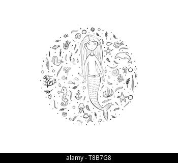 Composition ronde de la sirène et la mer situé dans doodle style. Concept de cercle sous l'esquisse des éléments. Vector illustration. Illustration de Vecteur