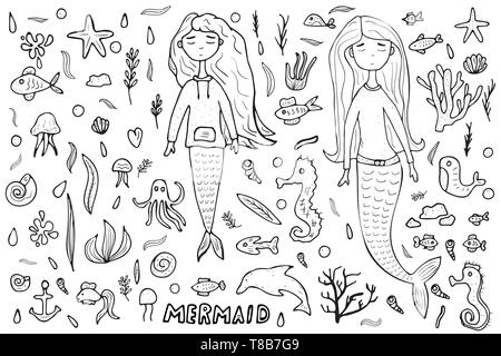Situé dans la mer et Mermaid style doodle. Collection de symboles sous l'esquisse. Vector illustration. Illustration de Vecteur