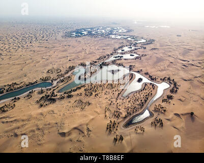 Al Qudra lacs dans le désert de Dubaï vue aérienne Banque D'Images