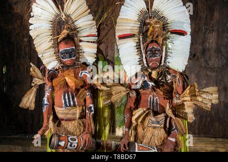 La Papouasie-Nouvelle-Guinée, Southern Highlands province, région de Bosavi Kaluli, tribu, village, Kaluli Continuum danseurs aux costumes traditionnels Banque D'Images