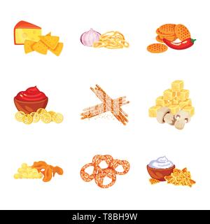 Cracker,oignon,snack,de,1900,le maïs,bretzel,apéritif,roulement,champignons,cookies,bois,soft, fromage, FRY,le poivre,le ketchup,pain,sésame,German,lactique, desserts, crisp, rouge, chanterelle,doux,texture,crème,alimentation,croquant,produits,party,arôme,cuisine,bouche,seasonin,organiques,ingrédient,set,icône,,illustration,collection,isolé,design,graphisme,élément signe,caricature,couleur,vecteurs vecteur , Illustration de Vecteur