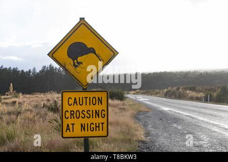 Nouvelle Zélande, île du Nord, de la région de Waikato, Parc National de Tongariro, Site du patrimoine mondial de l'étiquette, panneau routier avec dessin kiwi Banque D'Images