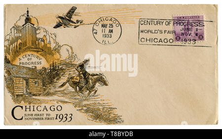 Chicago, Illinois, USA - Le 25 mai 1933 : enveloppe historique : couvrir avec du cachet de l'art un siècle de progrès, timbre violet 3c. Banque D'Images