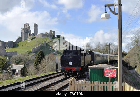 La classe Standard préservé 4MT 2-6-4t no. 80104 passe les ruines du château tel qu'il arrive à la station de Corfe Castle sur le chemin de fer Swanage dans le Dorset. Banque D'Images