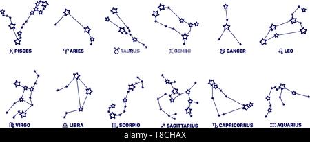 Vector set de signes du zodiaque, les étoiles, les constellations de couleur bleue sur fond blanc. Logo, tatouage ou d'illustration. Prévisions astrologiques, horoscope Illustration de Vecteur