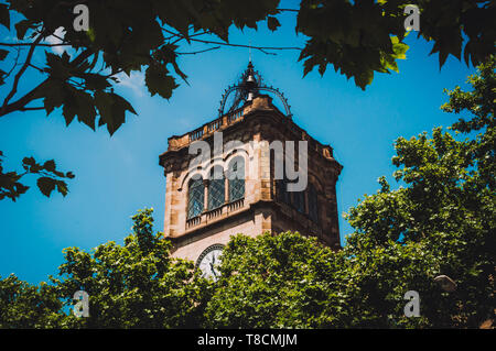 Tour de l'horloge de l'Université de Barcelone en Espagne à travers le feuillage Banque D'Images