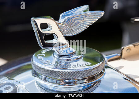 Bentley voiture classique Beaucamp chrome B ailé mascot insigne du bouchon du radiateur / logo insigne au-dessus de la calandre sur un classique Bentley Motor Car. Banque D'Images