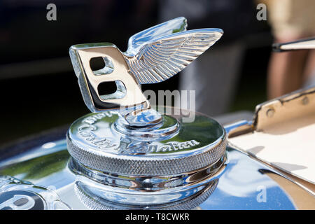 Bentley voiture classique Beaucamp chrome B ailé mascot insigne du bouchon du radiateur / logo insigne au-dessus de la calandre sur un classique Bentley Motor Car. Banque D'Images