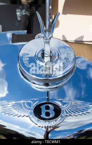 Bentley voiture classique Beaucamp chrome B ailé mascot insigne du bouchon du radiateur / logo insigne au-dessus de la calandre sur un classique Bentley Motor Car. Banque D'Images