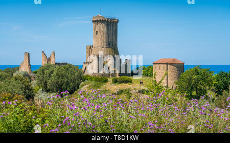 Ruines de la ville antique de Velia avec la mer en arrière-plan, près de Ascea, Cilento, Campanie, Italie. Banque D'Images