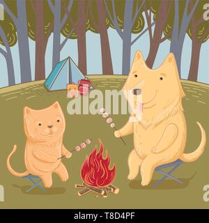 Vector illustration d'une randonnée en forêt avec un chien et un chat. Relations sérieuses in de l'été. Modèle de carte de vœux. Illustration de Vecteur