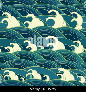 Transparente avec motif oriental traditionnel, les vagues de l'océan, de la mousse, des éclaboussures. Toile de vecteur Illustration de Vecteur