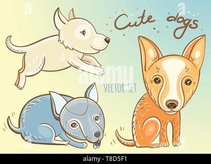 Funny cartoon des chiens. Hand drawn vector illustration d'adorables chiots. Illustration de Vecteur