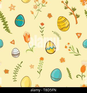 Modèle sans couture de Pâques avec des fleurs et des œufs Illustration de Vecteur