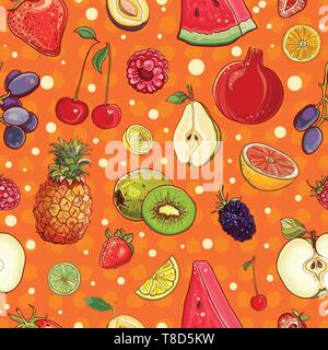 Hand drawn vector modèle transparent avec des fruits juteux et de baies. Modèle de conception Illustration de Vecteur