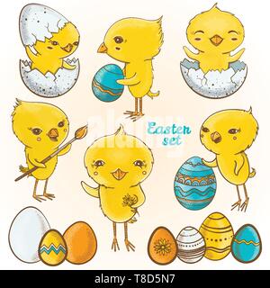 Vector set avec des illustrations de mignons petits poulets printemps de personnages de dessins animés. Joyeuses pâques ensemble. Oeufs de Pâques poussins. Illustration de Vecteur