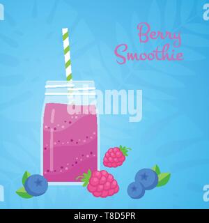 Smoothie aux framboises fruits naturels violet vector illustration. Bocal en verre grâce à une couche de lait à la protéine avec cocktail de bleuet et de framboise sur fond bleu pour les smoothies tropicaux menu d'été Illustration de Vecteur