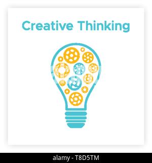 Ampoule à crémaillère idée créative concept vector illustration. La pensée créative avec graphique et de l'ampoule. Lampe bleu avec silhouette d'engrenage orange innovation pense que concept. Illustration de Vecteur
