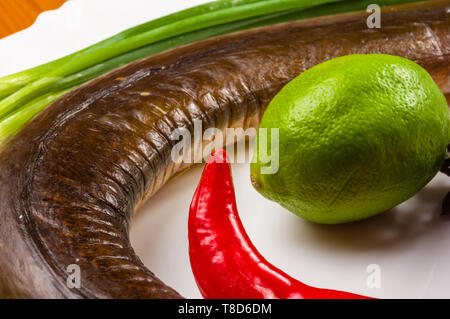 Still Life - orphie fumé avec de la chaux, le basilic, l'oignon vert, chili, nori chips, épices, huile d'olive dans un plat de céramique blanc, sur une table en bois Banque D'Images