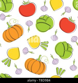 Légumes de saison seamless vector pattern télévision illustration. Couleurs naturelles pattern design alimentaire à la citrouille et le chou, la tomate, l'ail et légumes navet seamless texture pour décor une alimentation saine Illustration de Vecteur