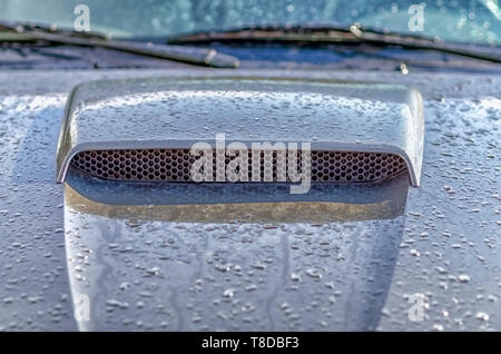 L'eau de pluie gouttes scintillantes/off le capot/hood écope de capot/d'une Ford Mustang GT Coupé après un orage d'été. Banque D'Images